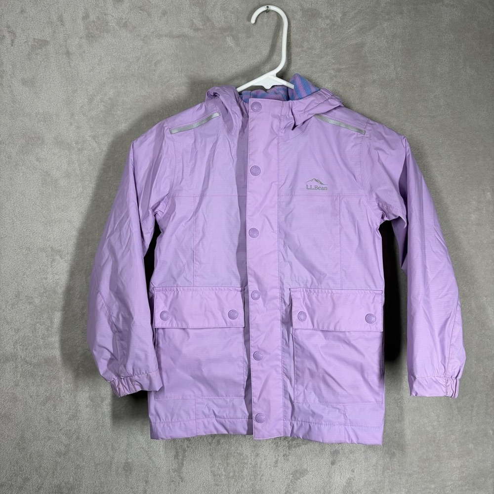LL Bean Kids Puddle Stomper Rain Jacket Size 5/6 Purple Fleece Lined Waterproof